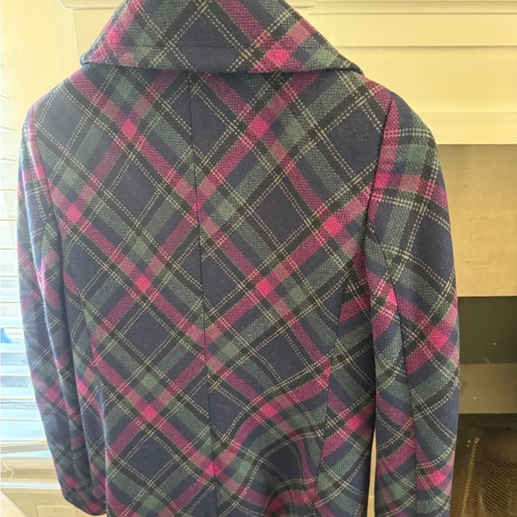 Talbots Navy Plaid Pea Coat with Pink and Light Green Accents - Picture 2 of 5